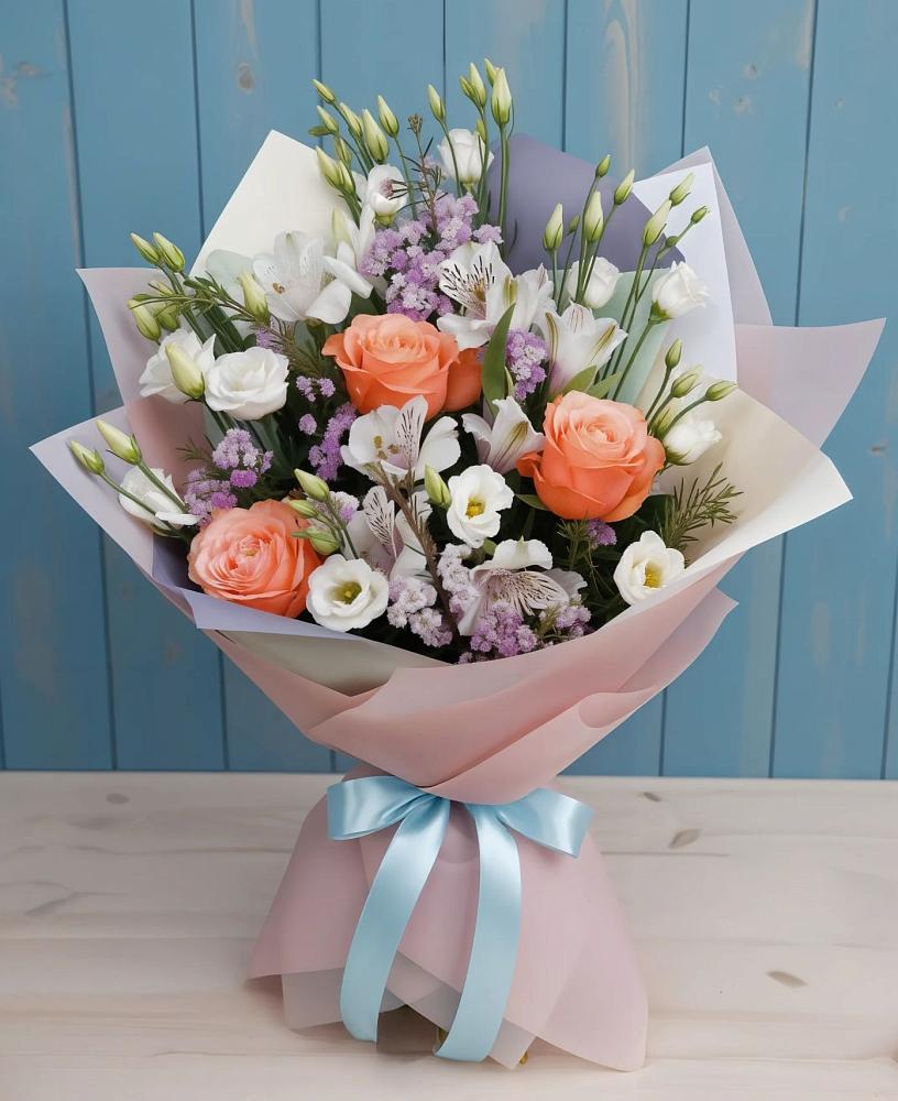 Букет цветов из: Лизиантусы, Розы, Альстромерии и Гипсофила в Радужном Владимирской области