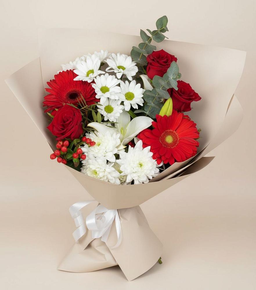 Букет цветов из: Розы, Хризантемы, Герберы и Лилии в Радужном Владимирской области
