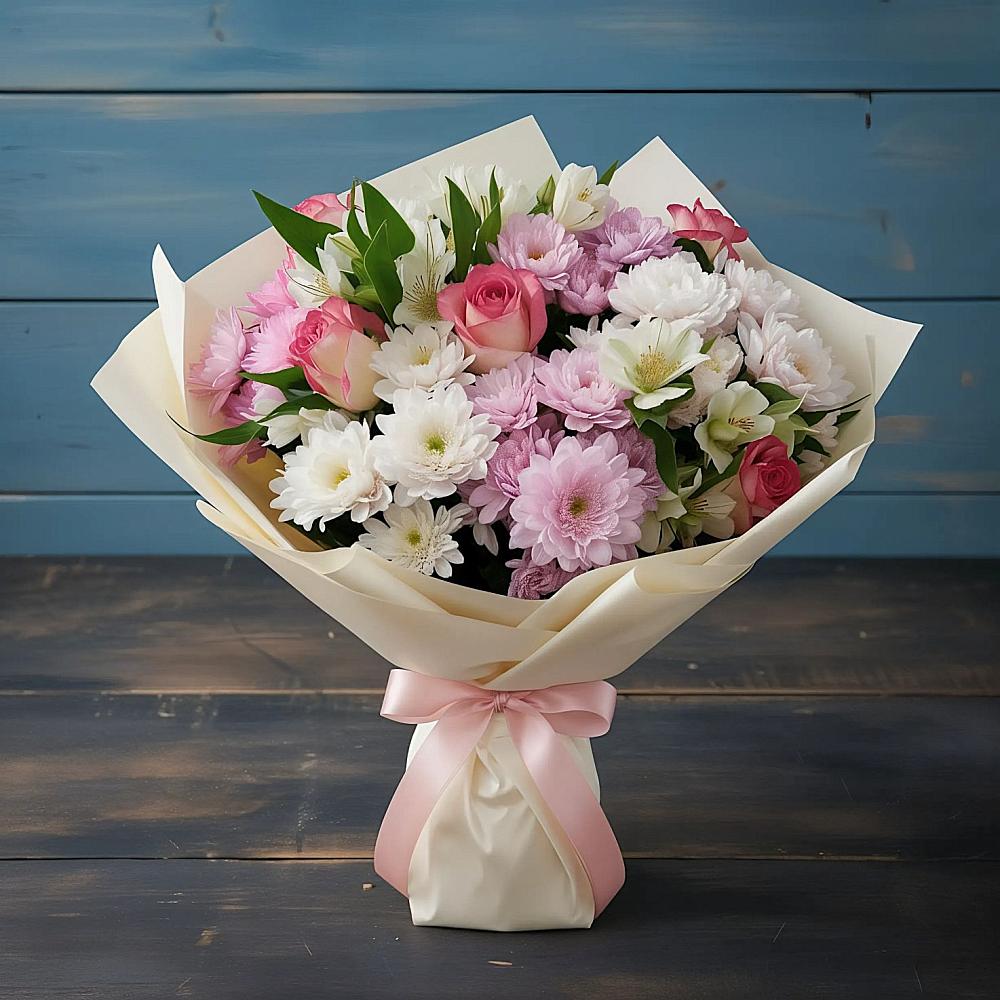 Букет цветов из: Хризантемы, Альстромерии и Розы в Радужном Владимирской области